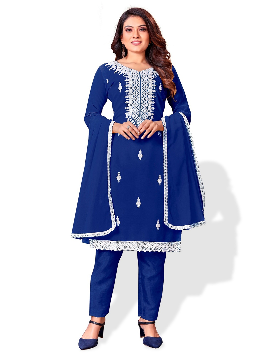 

APNISHA Navy Blue & White Embroidered Unstitched Dress Material