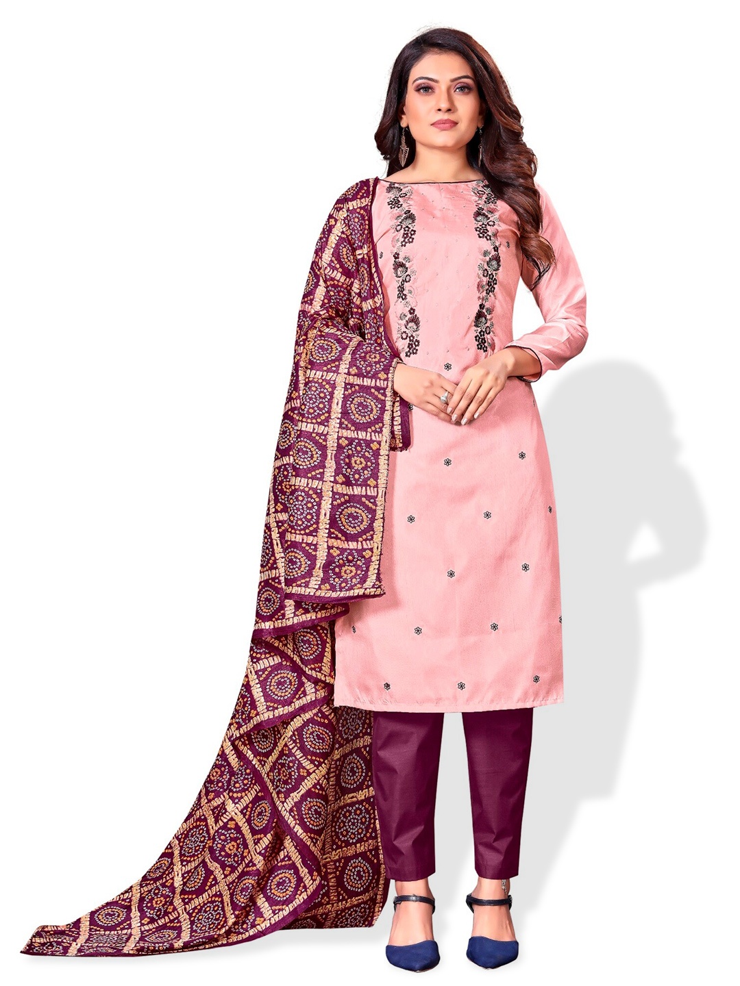 

APNISHA Maroon & Peach-Coloured Embroidered Unstitched Dress Material