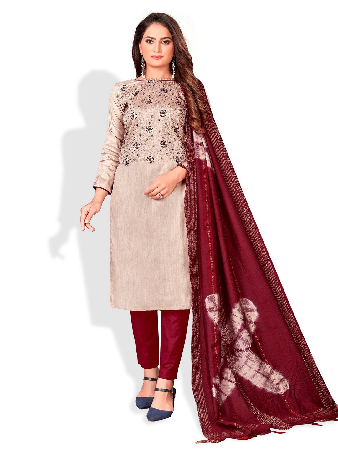 

APNISHA Floral Embroidered With Mirror Unstitched Dress Material, Cream