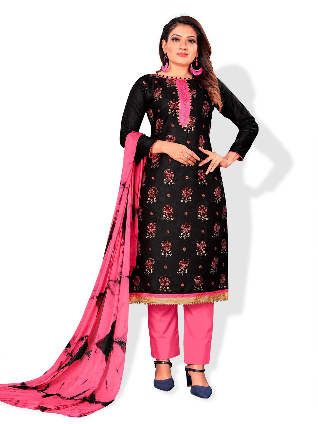 

APNISHA Floral Printed With Beads & Stones Unstitched Dress Material, Black