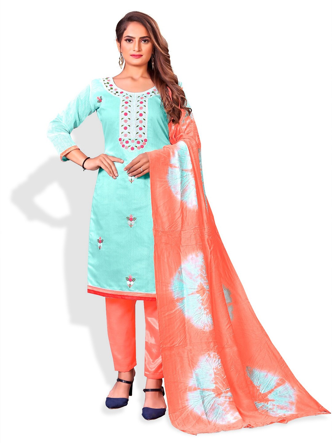 

APNISHA Sea Green & Orange Embroidered Unstitched Dress Material