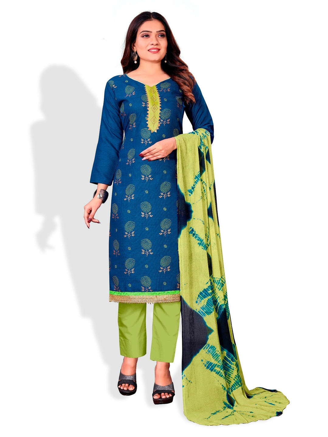 

APNISHA Floral Printed Beads & Stones Unstitched Dress Material, Blue