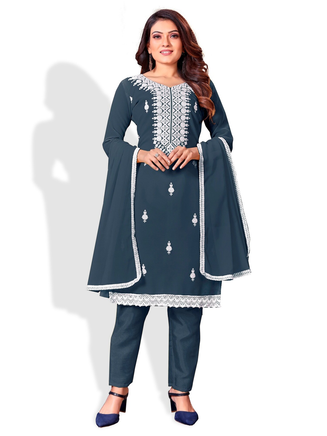 

APNISHA Grey & White Embroidered Unstitched Dress Material