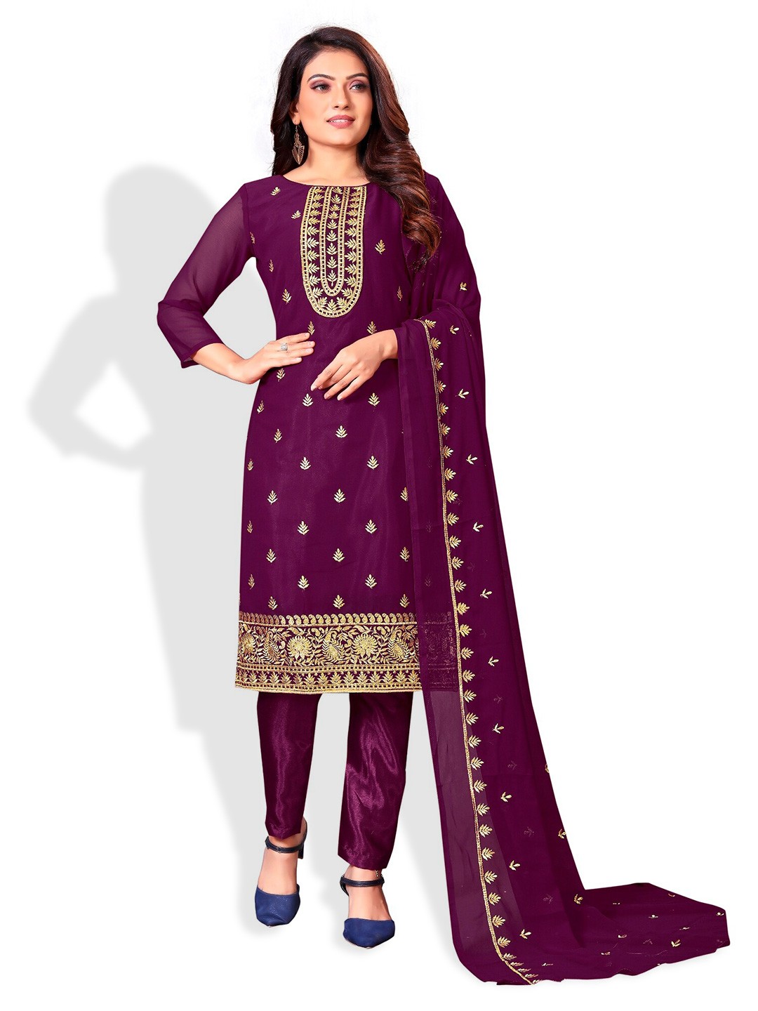 

APNISHA Purple & Gold-Toned Embroidered Unstitched Dress Material