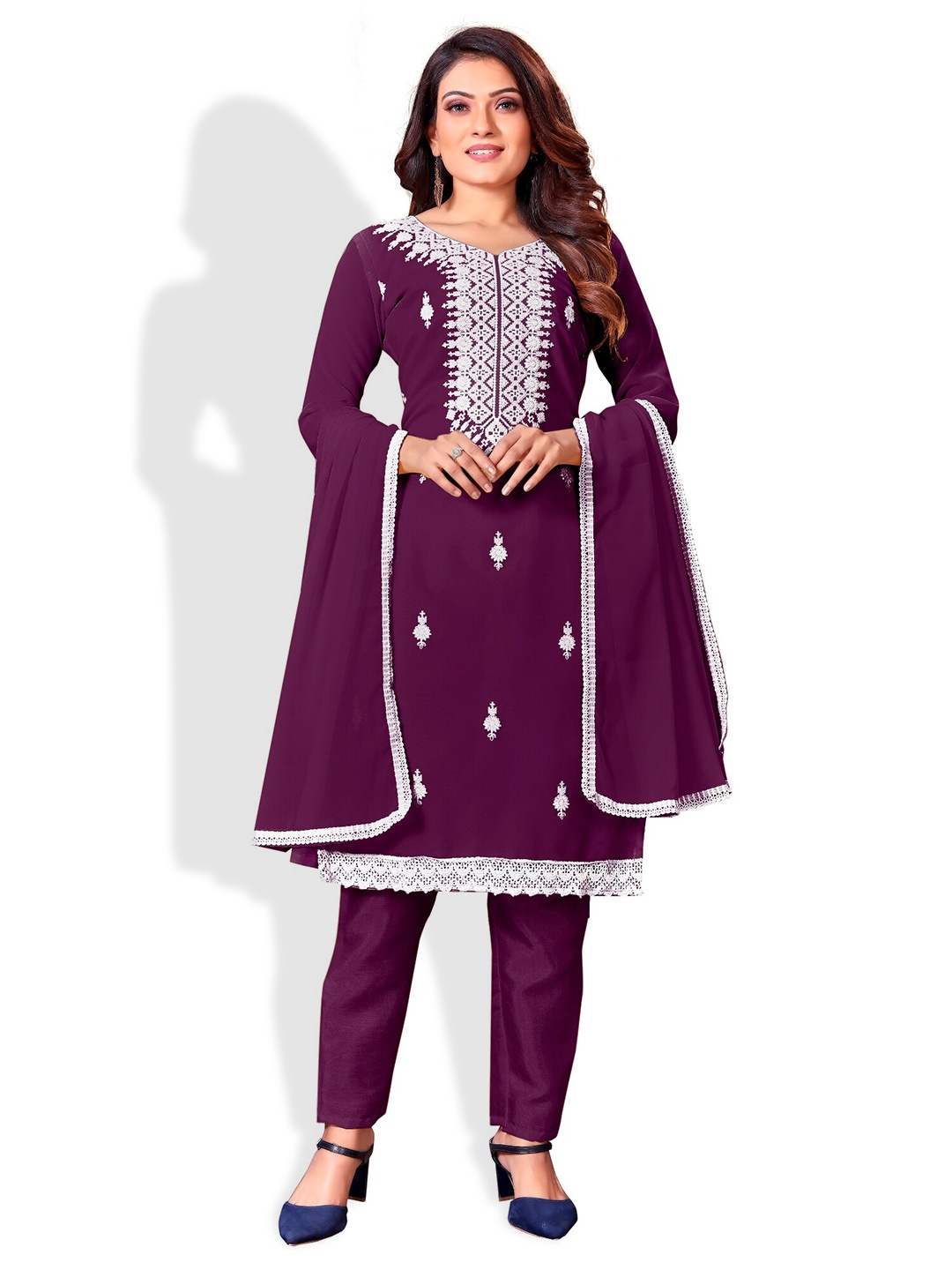 

APNISHA Purple & White Embroidered Unstitched Dress Material