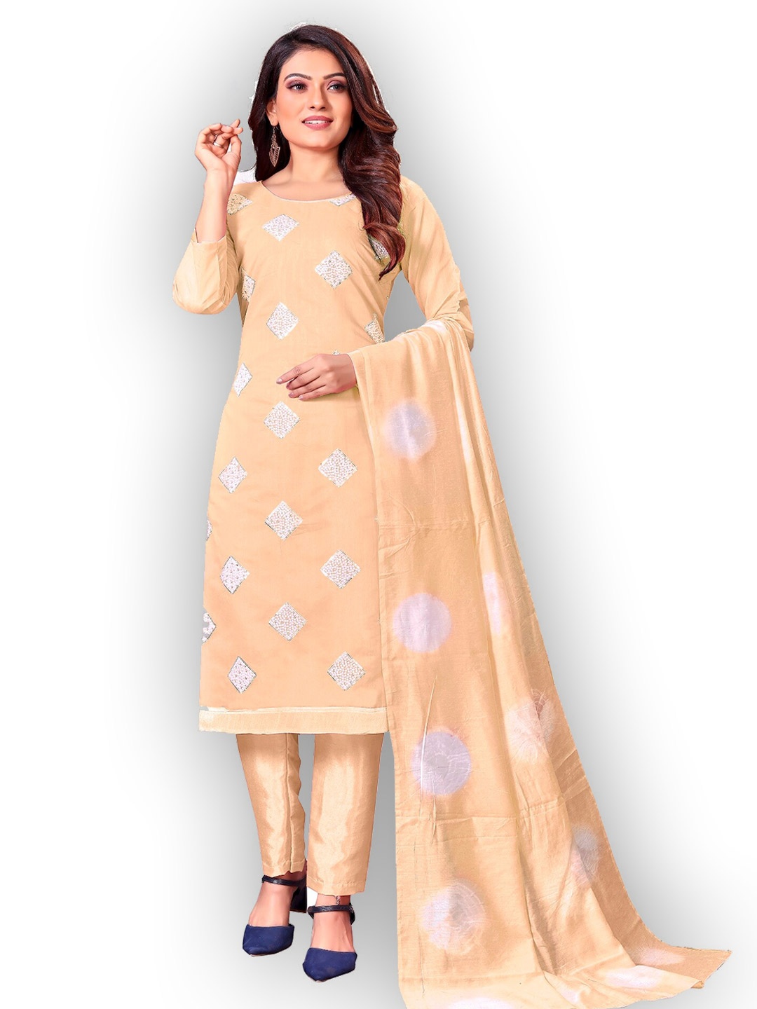 

APNISHA Beige & White Embroidered Unstitched Dress Material