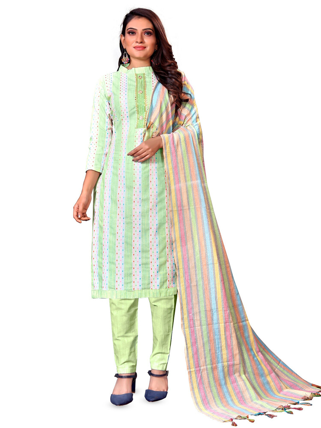 

APNISHA Striped Unstitched Dress Material, Green