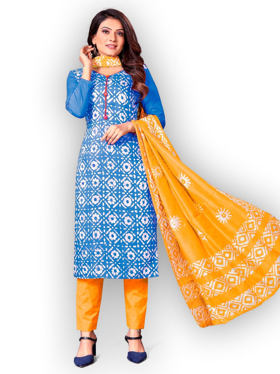 

APNISHA Blue & Orange Embroidered Unstitched Dress Material