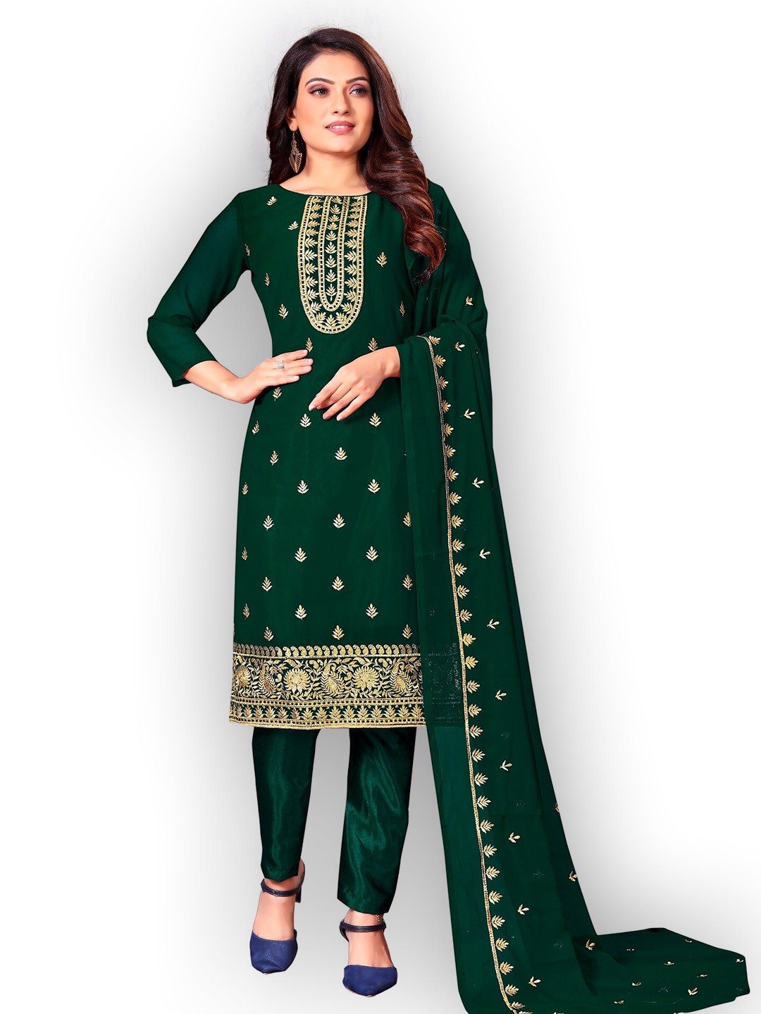 

APNISHA Green & Gold-Toned Embroidered Unstitched Dress Material