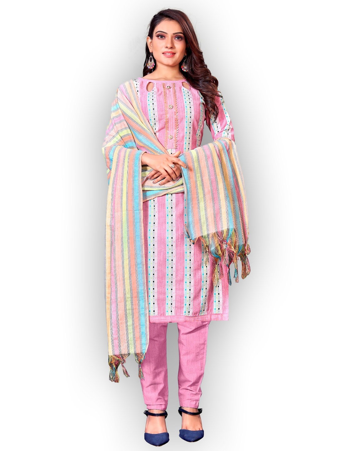 

APNISHA Pink & Yellow Embroidered Unstitched Dress Material