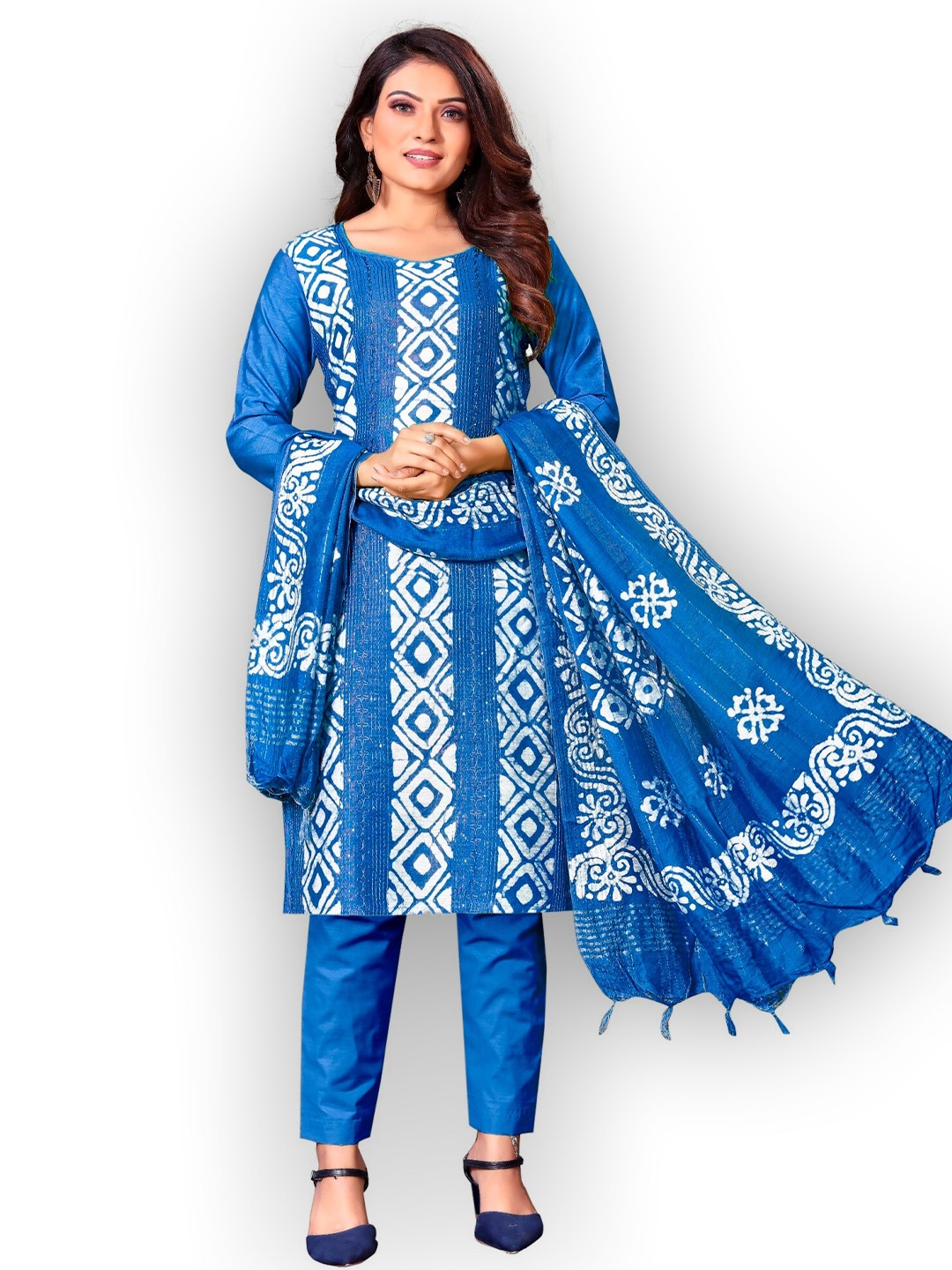 

APNISHA Blue & White Embroidered Unstitched Dress Material