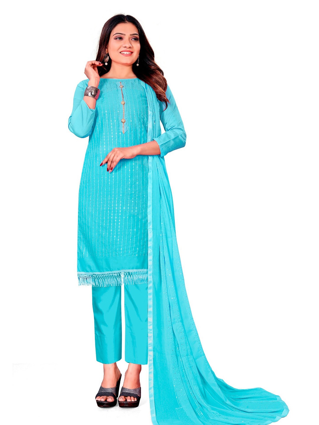 

APNISHA Blue & Gold-Toned Embroidered Unstitched Dress Material