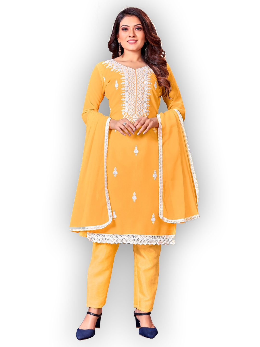 

APNISHA Yellow & White Embroidered Unstitched Dress Material