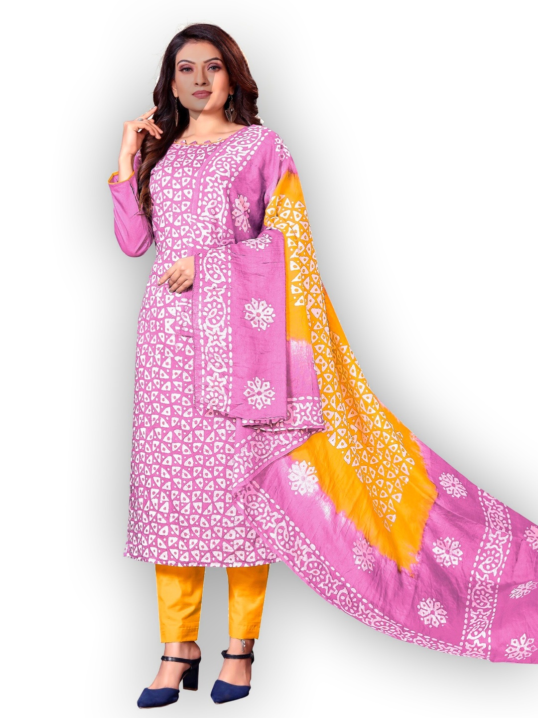 

APNISHA Pink & Yellow Embroidered Unstitched Dress Material