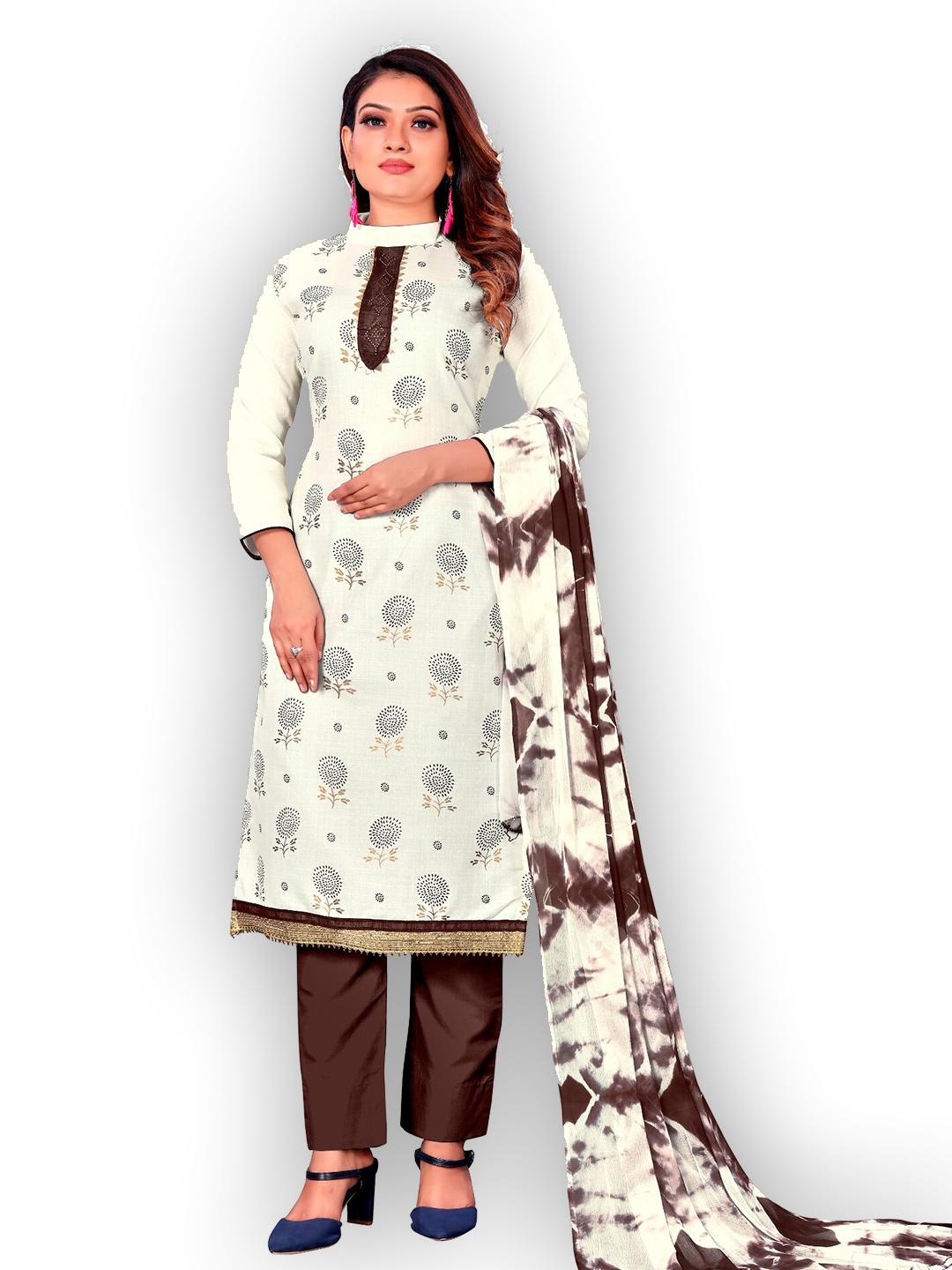 

APNISHA Cream-Coloured & Brown Embroidered Unstitched Dress Material