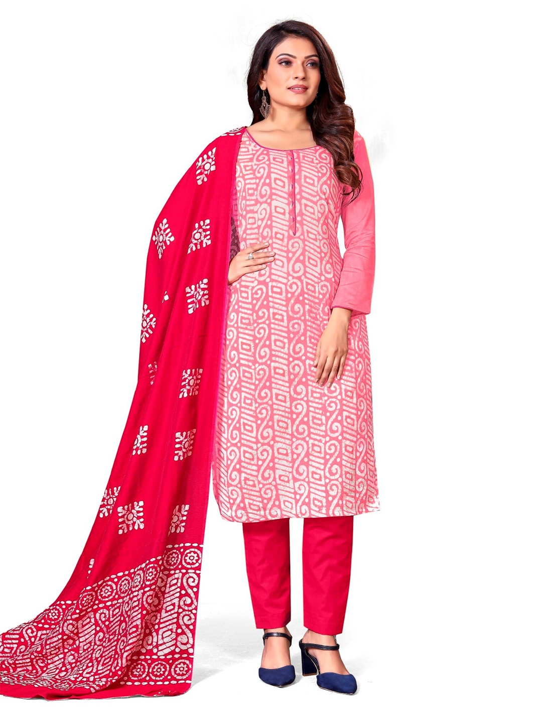 

APNISHA Pink & Off White Embroidered Unstitched Dress Material