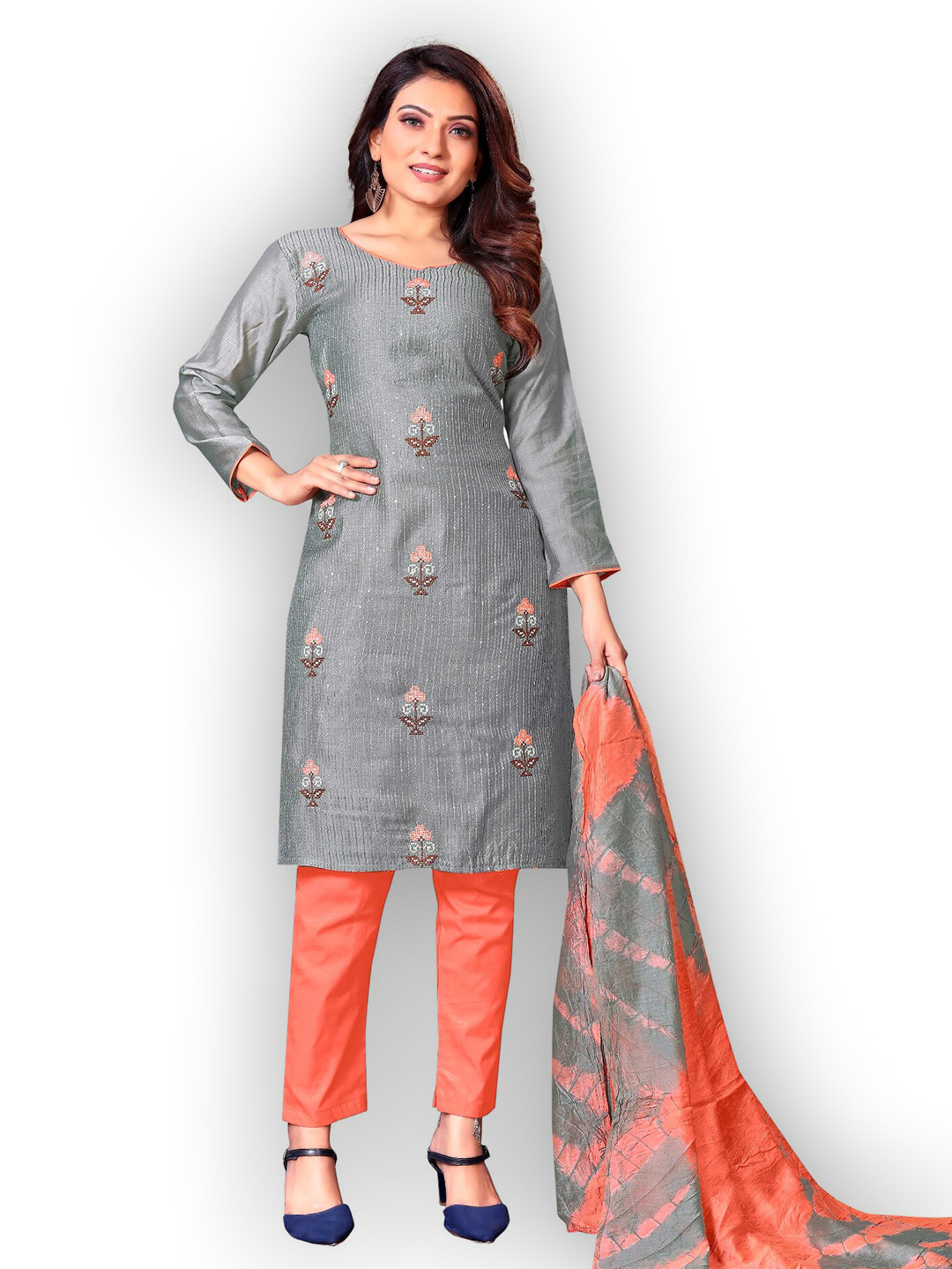

APNISHA Grey & Orange Embroidered Unstitched Dress Material