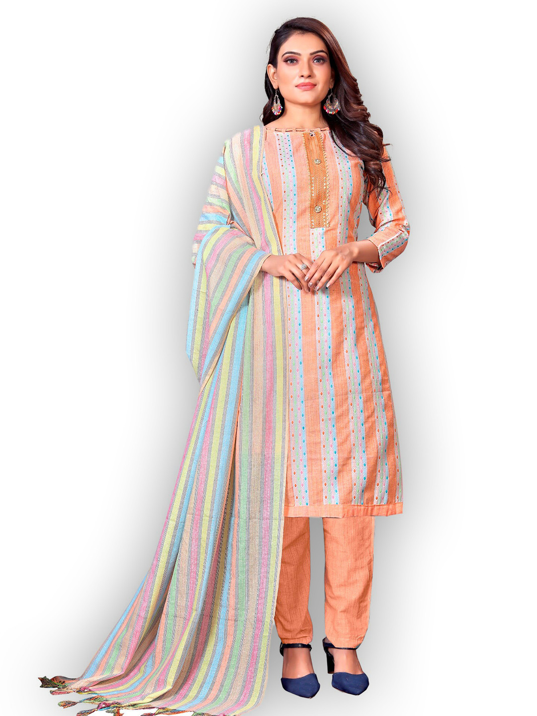 

APNISHA Striped Cotton Unstitched Dress Material, Orange