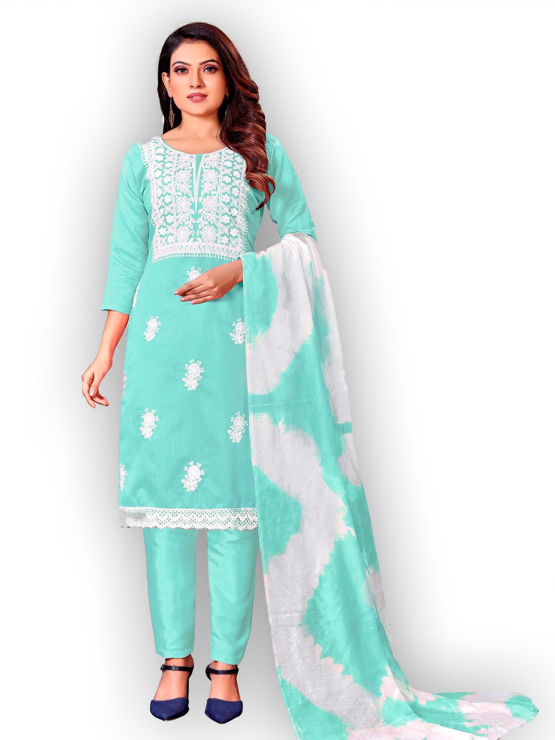 

APNISHA Sea Green & White Embroidered Unstitched Dress Material