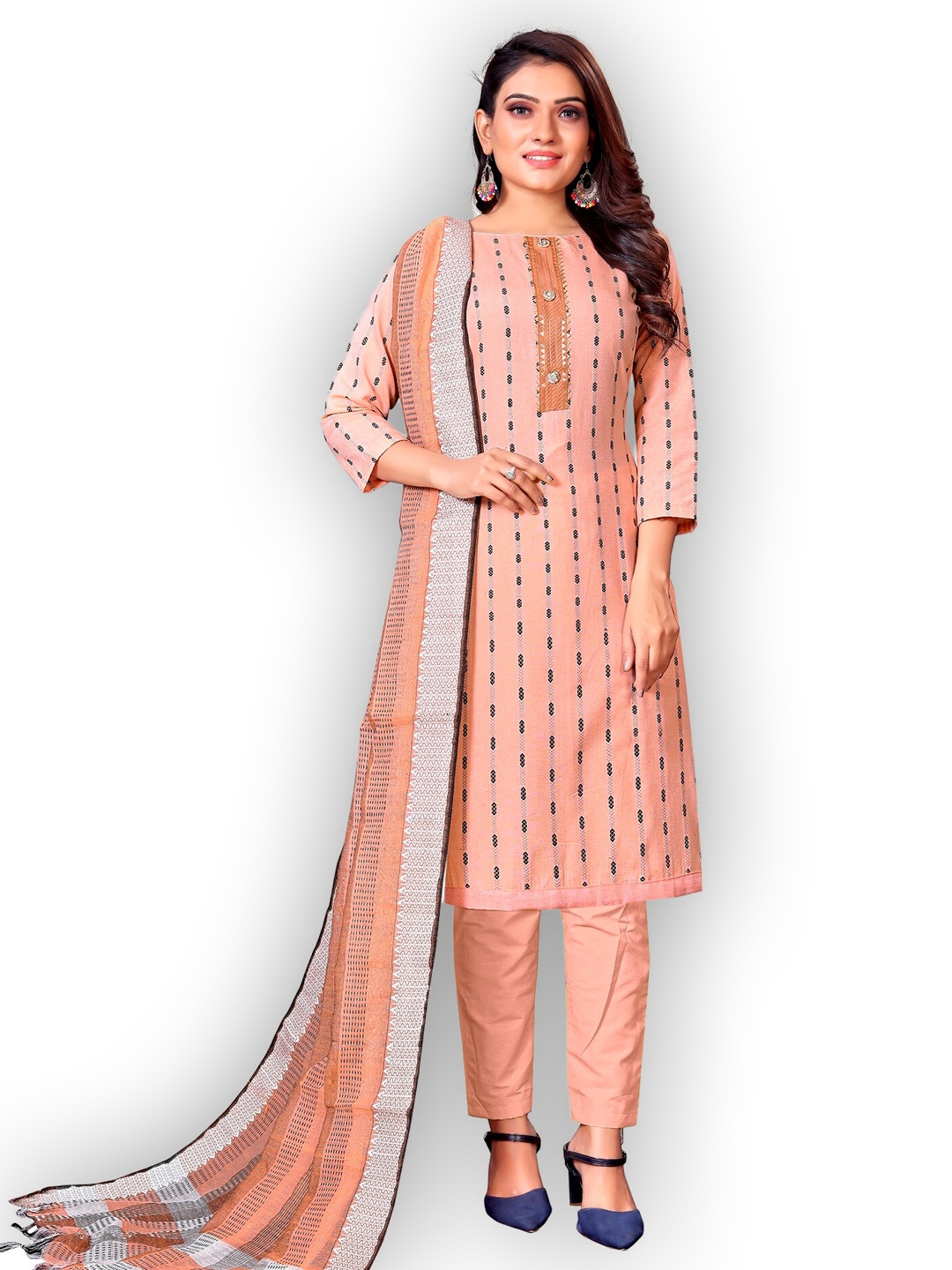 

APNISHA Peach-Coloured & Black Embroidered Unstitched Dress Material