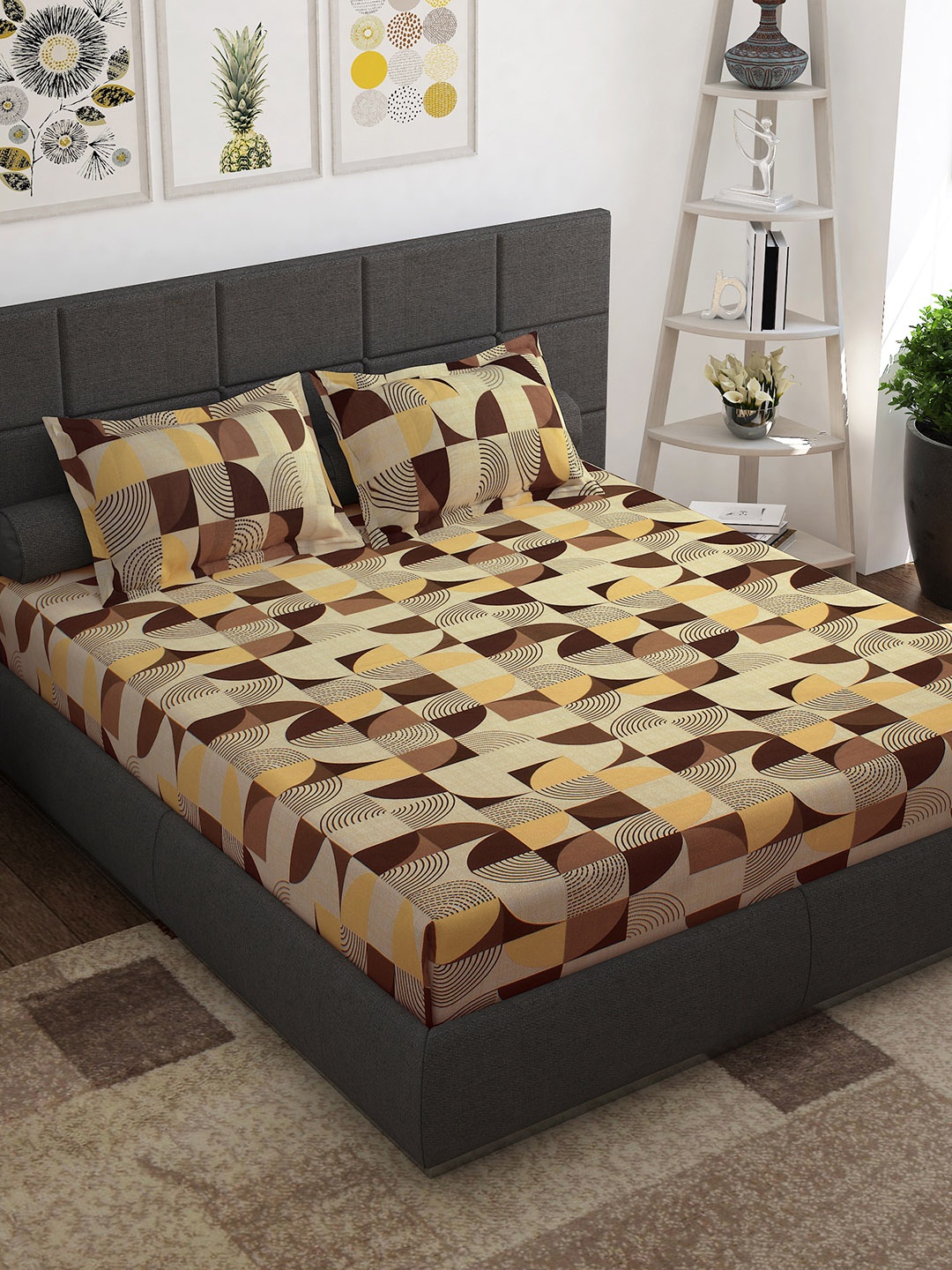 

Story@home Brown Yellow Geometric 144 TC Pure Cotton Queen Bedsheet with 2 Pillow Covers
