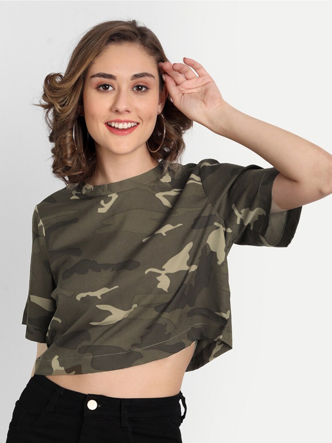 

CHARMGAL Camouflage Printed Crop Top, Olive