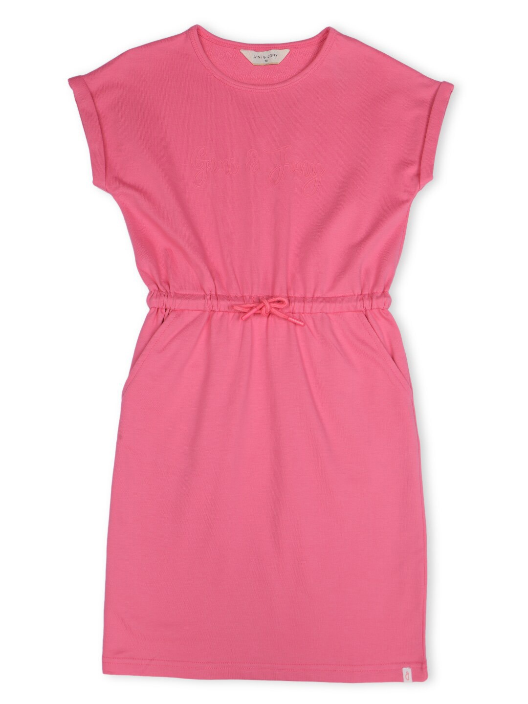 

Gini and Jony Girls Brand Logo Printed Tie-Up Cotton A-Line Dress, Pink
