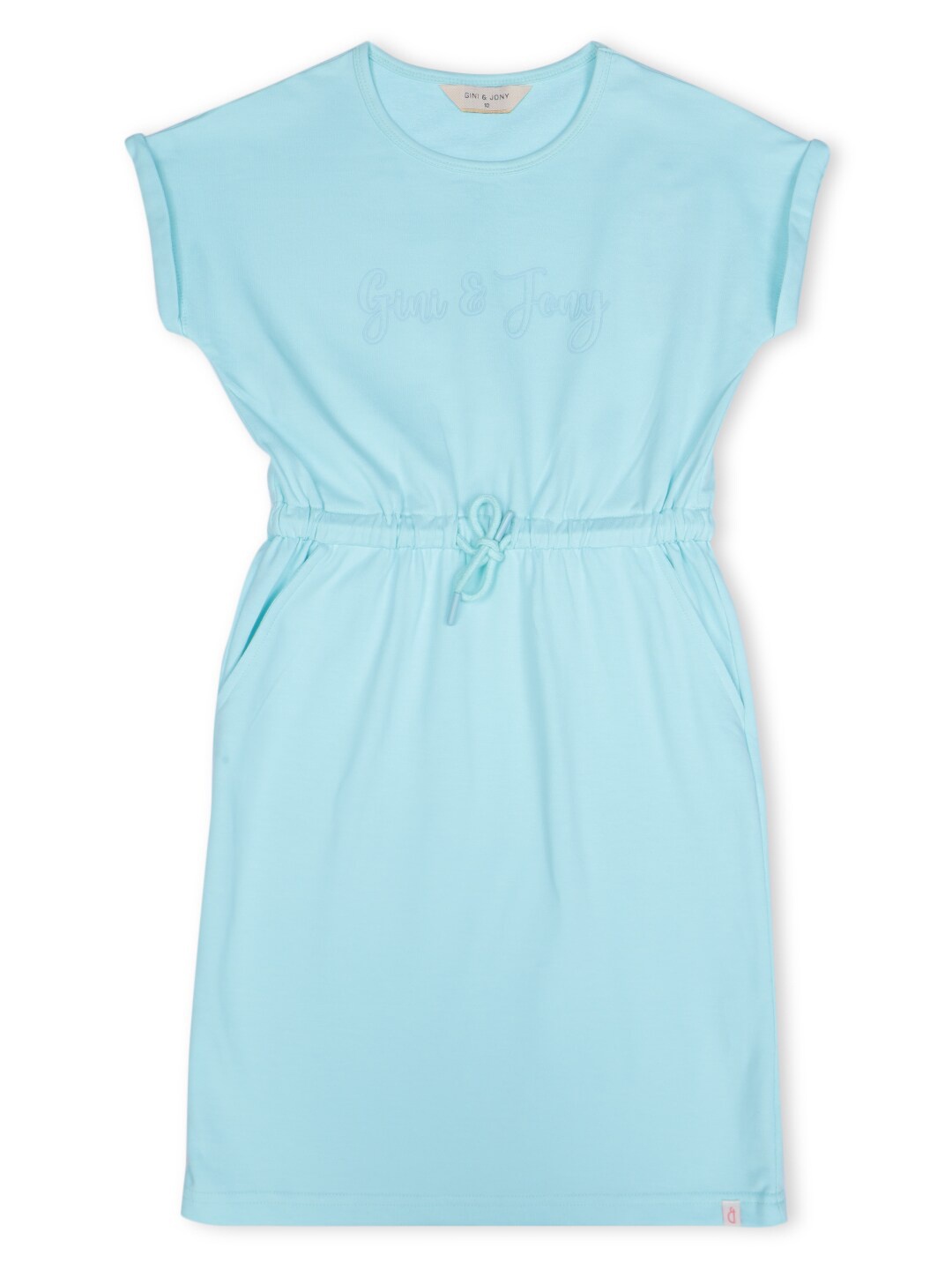 

Gini and Jony Girls Brand Logo Printed Tie-Up Cotton A-Line Dress, Blue