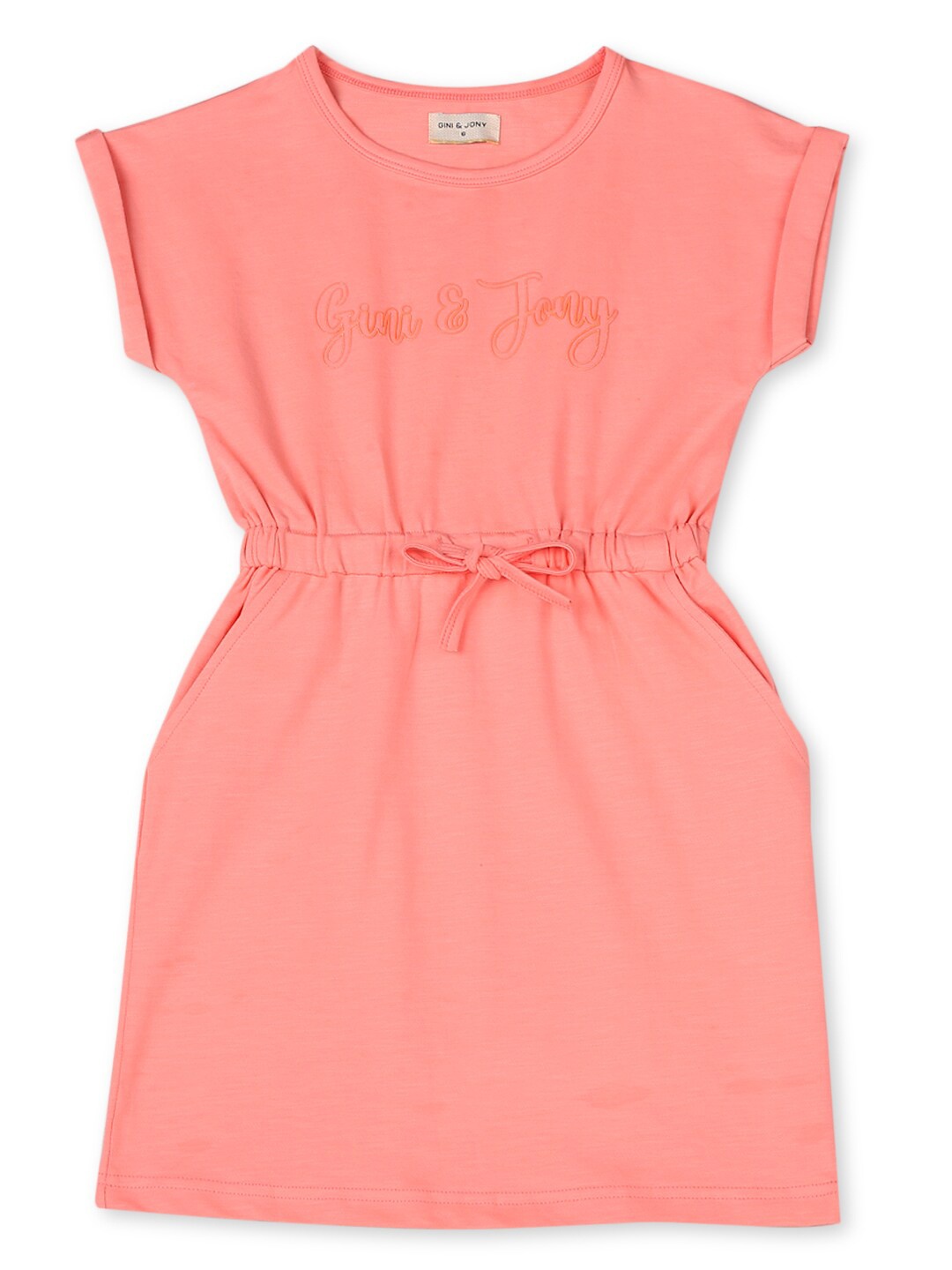 

Gini and Jony Girls Brand Logo Printed Tie-Up Cotton A-Line Dress, Peach