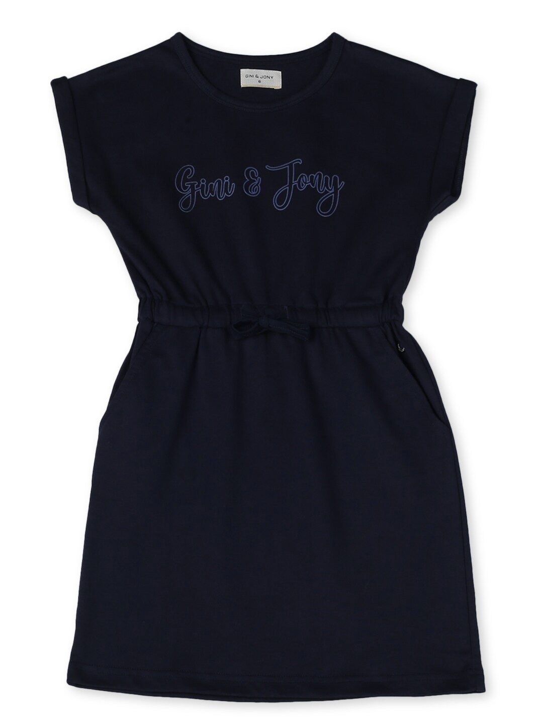 

Gini and Jony Girls Brand Logo Printed Tie-Up Cotton A-Line Dress, Black