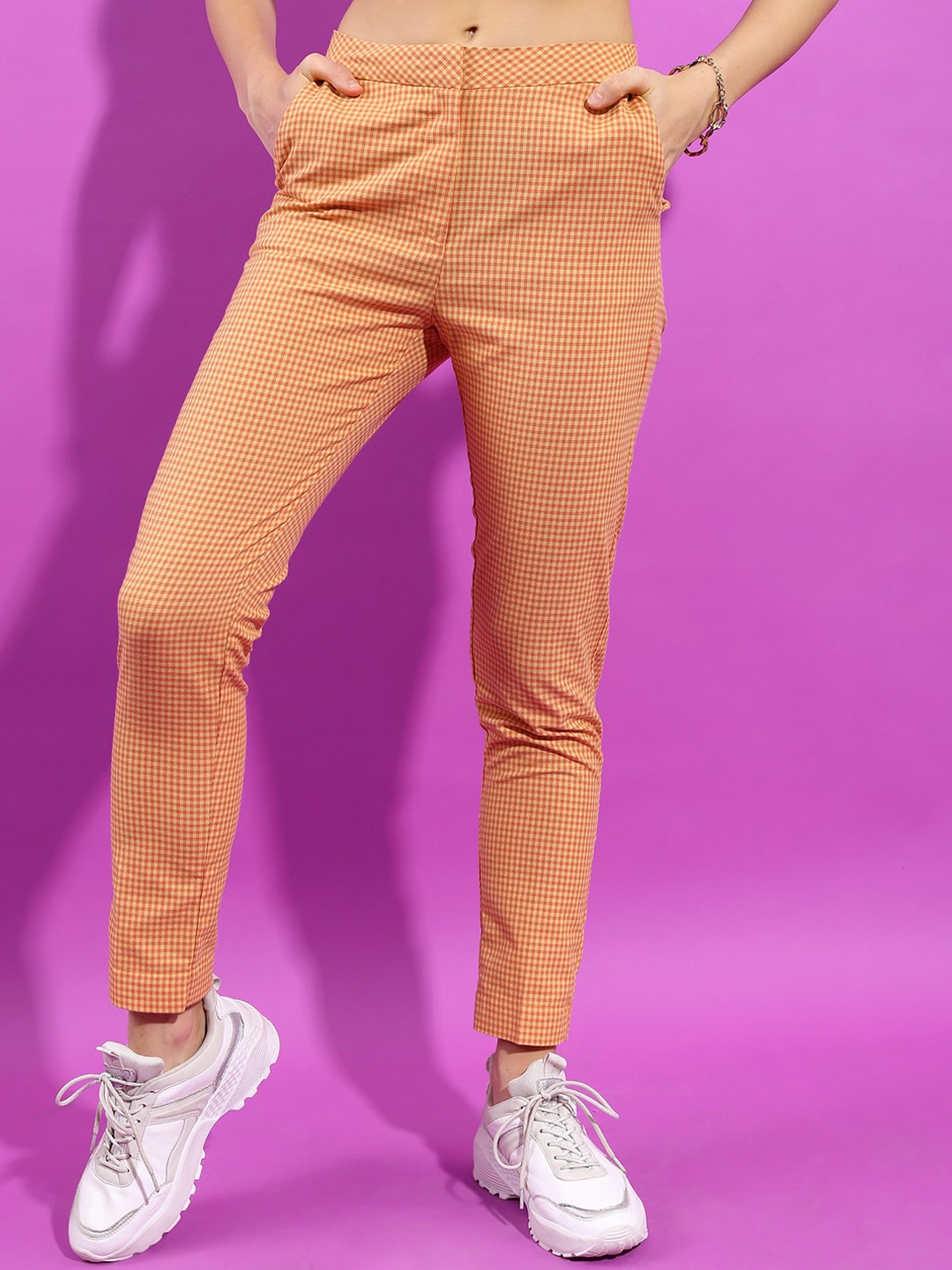 

Tokyo Talkies Women Yellow Checked Mid-Rise Regular Trousers