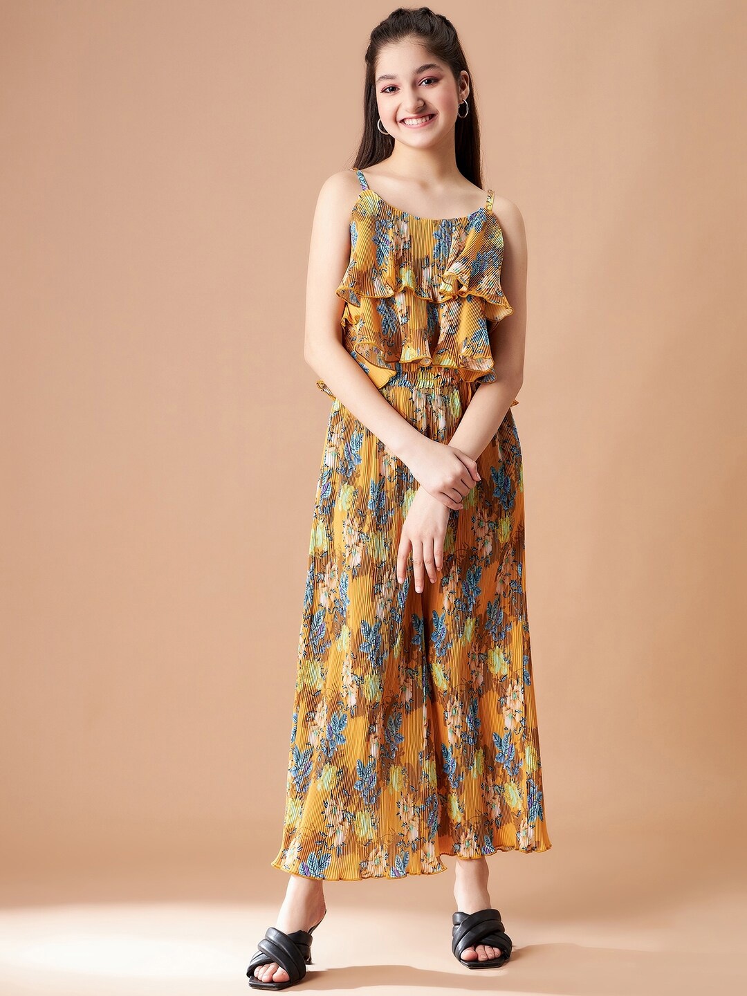 

Cherry & Jerry Girls Floral Printed Sleeveless Pleated Top with Palazzos Clothing Set, Mustard