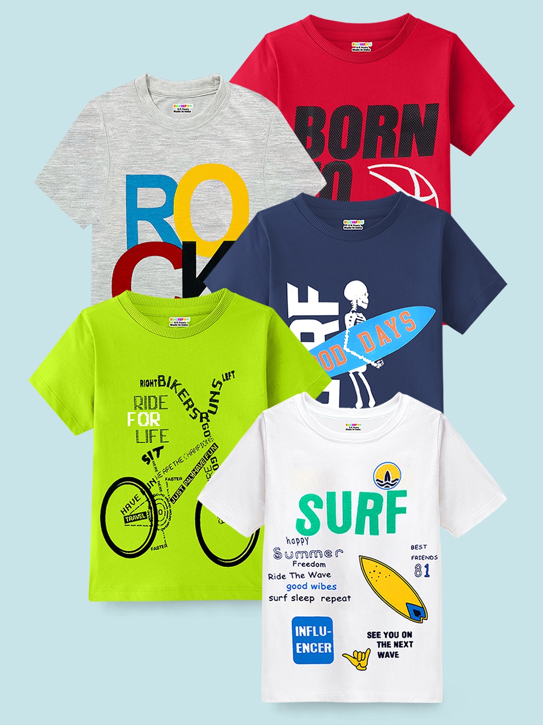 

KUCHIPOO Boys Pack of 5 Printed T-shirts, Green
