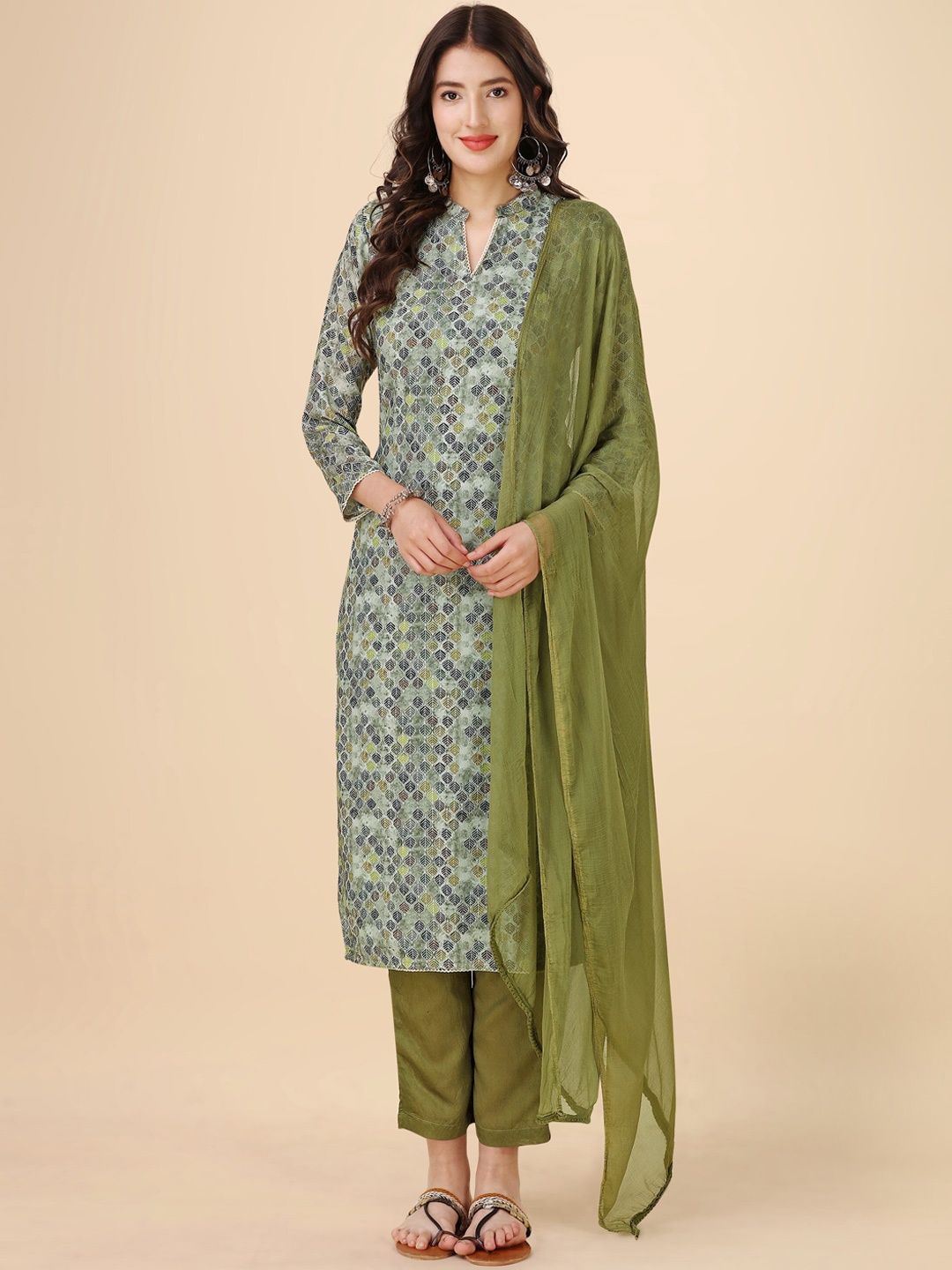 

heemara Floral Printed Mandarin Collar Kurta With Trousers & Dupatta, Green
