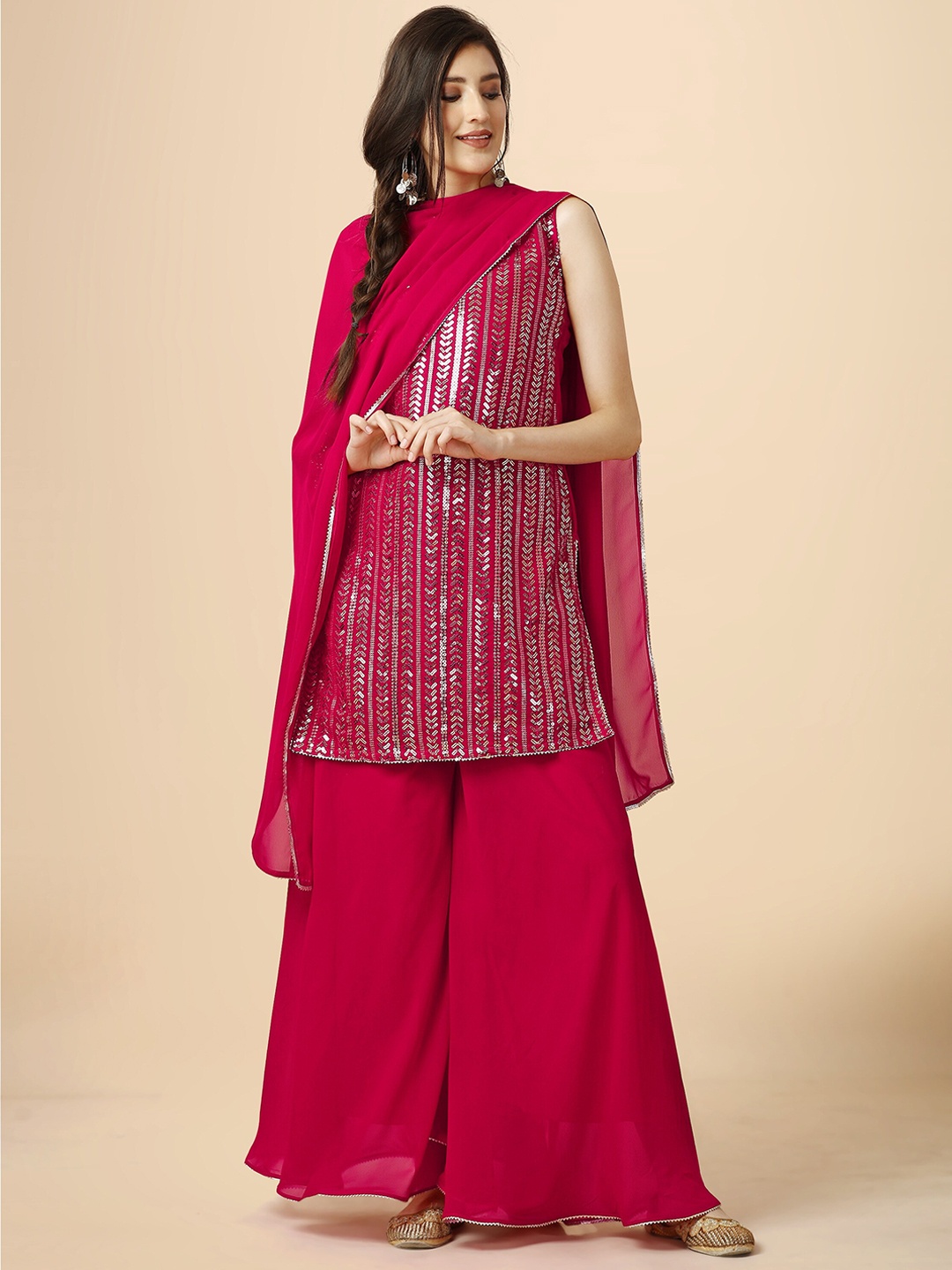 

heemara Embroidered Sequinned Kurti With Palazzos & Dupatta, Red