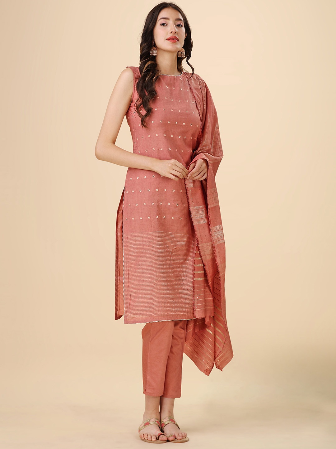 

heemara Ethnic Motifs Woven Design Gotta Patti Kurta With Trousers & Dupatta, Peach