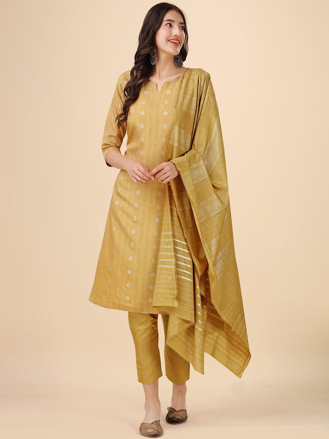 

heemara Woven Design Sequinned Chanderi Silk Kurta with Trousers & With Dupatta, Gold