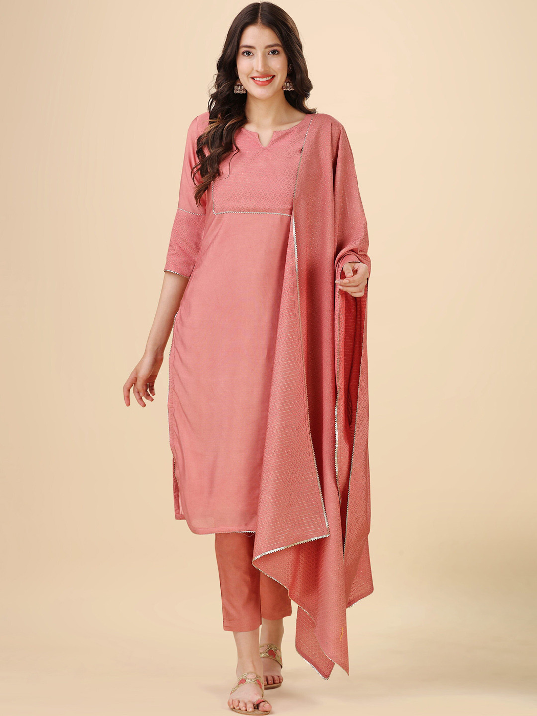 

heemara Ethnic Motifs Self Design Chanderi Silk Kurta with Trousers & With Dupatta, Peach