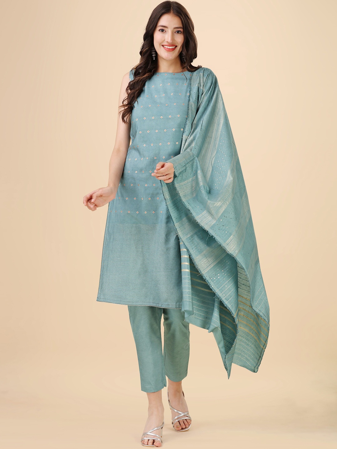 

heemara Woven Design Chanderi Silk Kurta with Trousers & With Dupatta, Turquoise blue