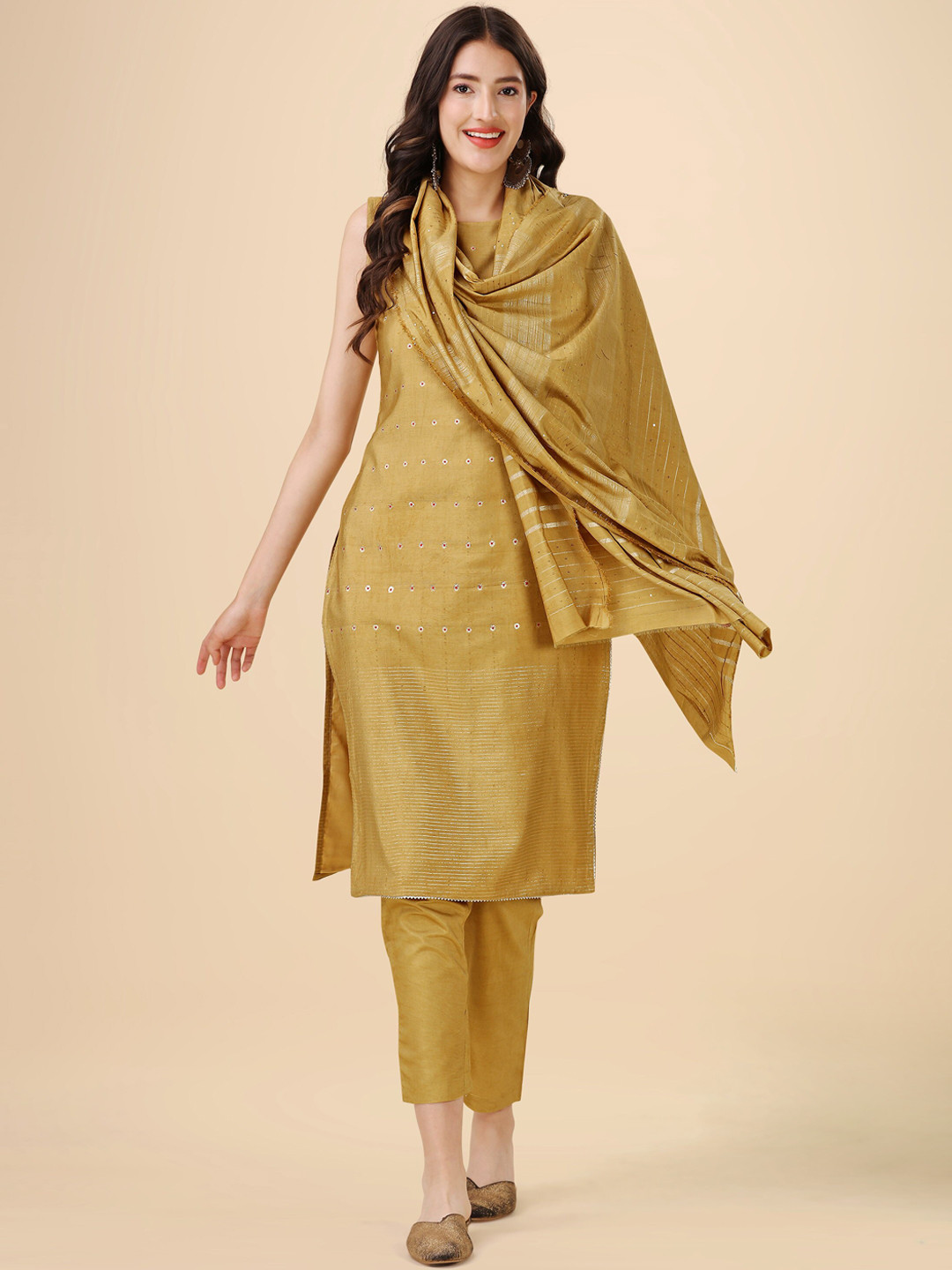 

heemara Woven Design Chanderi Silk Kurta with Trousers & With Dupatta, Gold