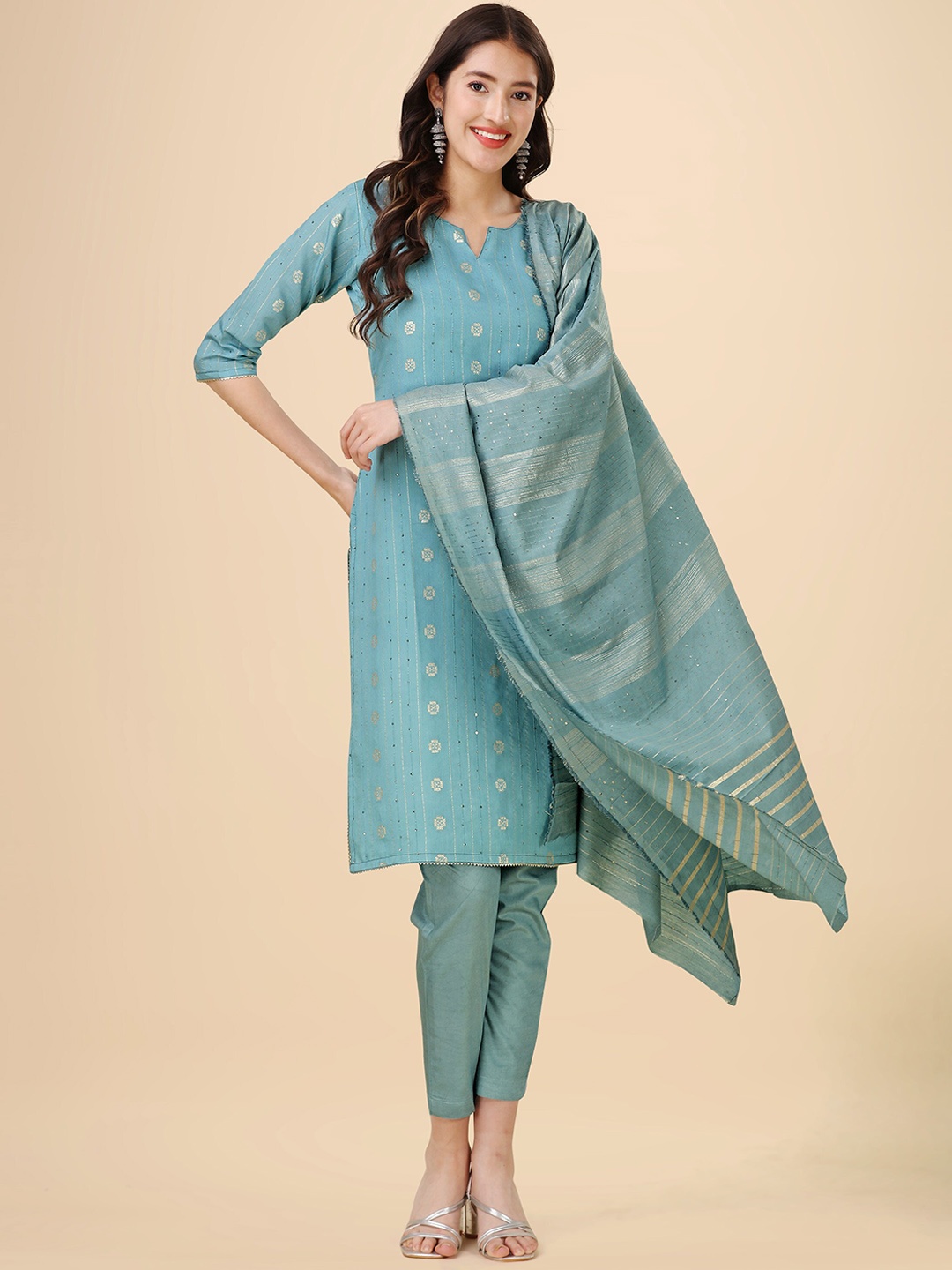 

heemara Woven Design Sequinned Chanderi Silk Kurta with Trousers & With Dupatta, Turquoise blue