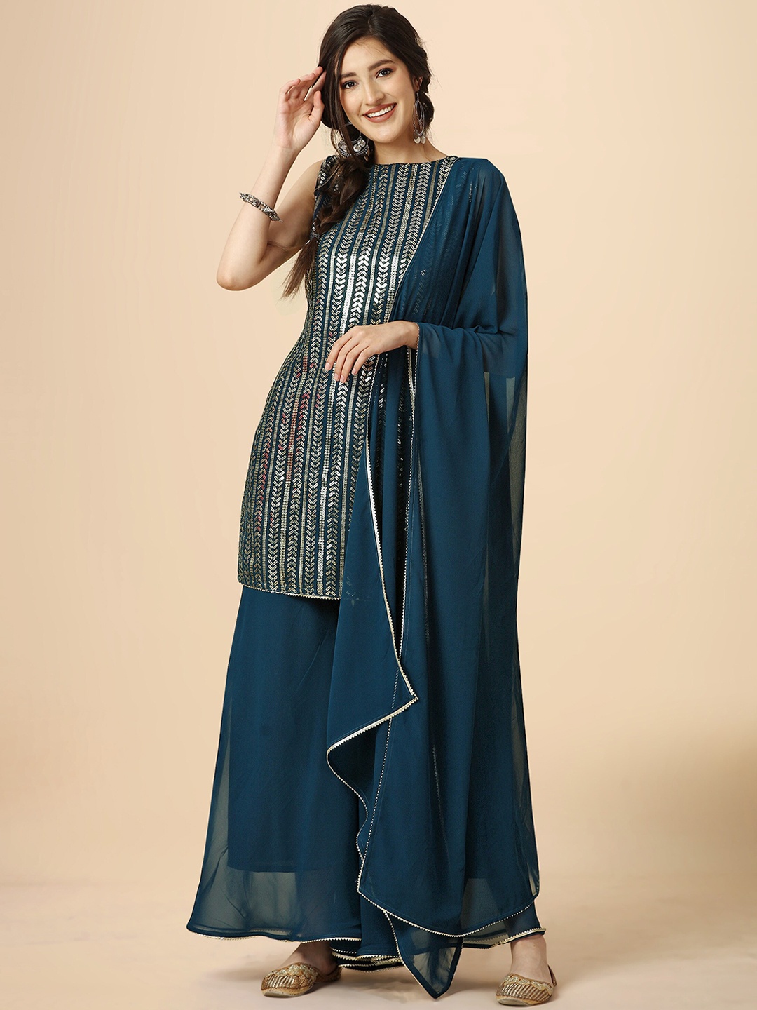 

heemara Ethnic Motifs Embroidered Sequinned Kurti with Palazzos & With Dupatta, Teal