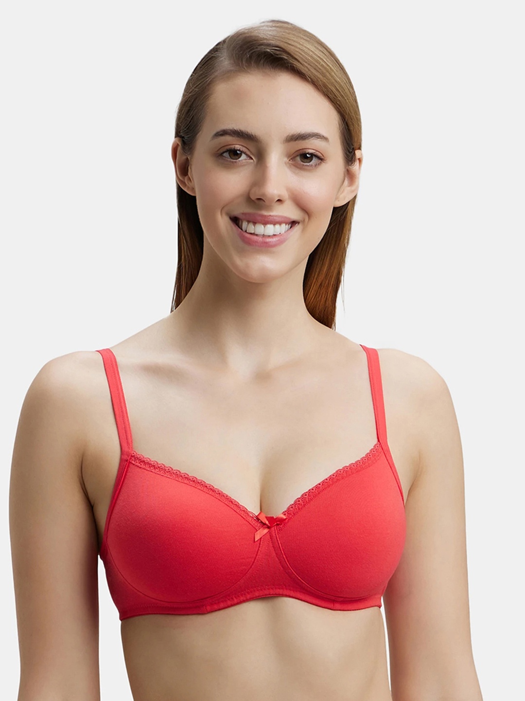 

Jockey Wirefree Padded Plus Size Cotton Medium Coverage Tshirt Bra with Lace Styling -1723, Red