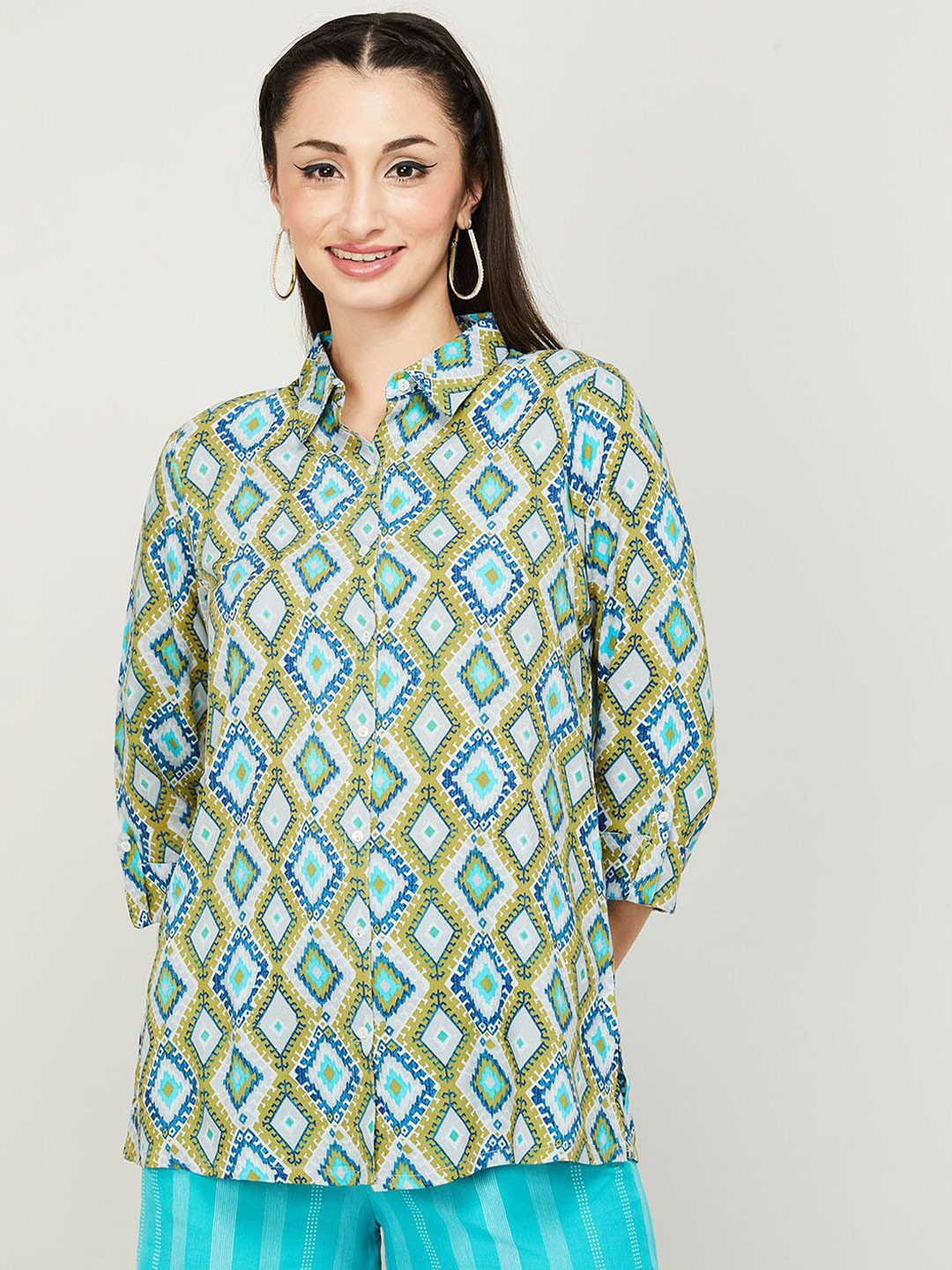 

Melange by Lifestyle Ethnic Motifs Printed Shirt Collar Kurti, Green