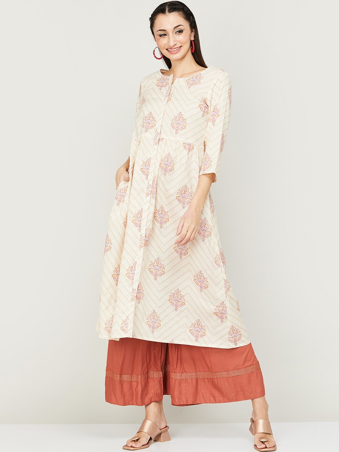 

Melange by Lifestyle Floral Printed Sequinned A-Line Kurta, Beige