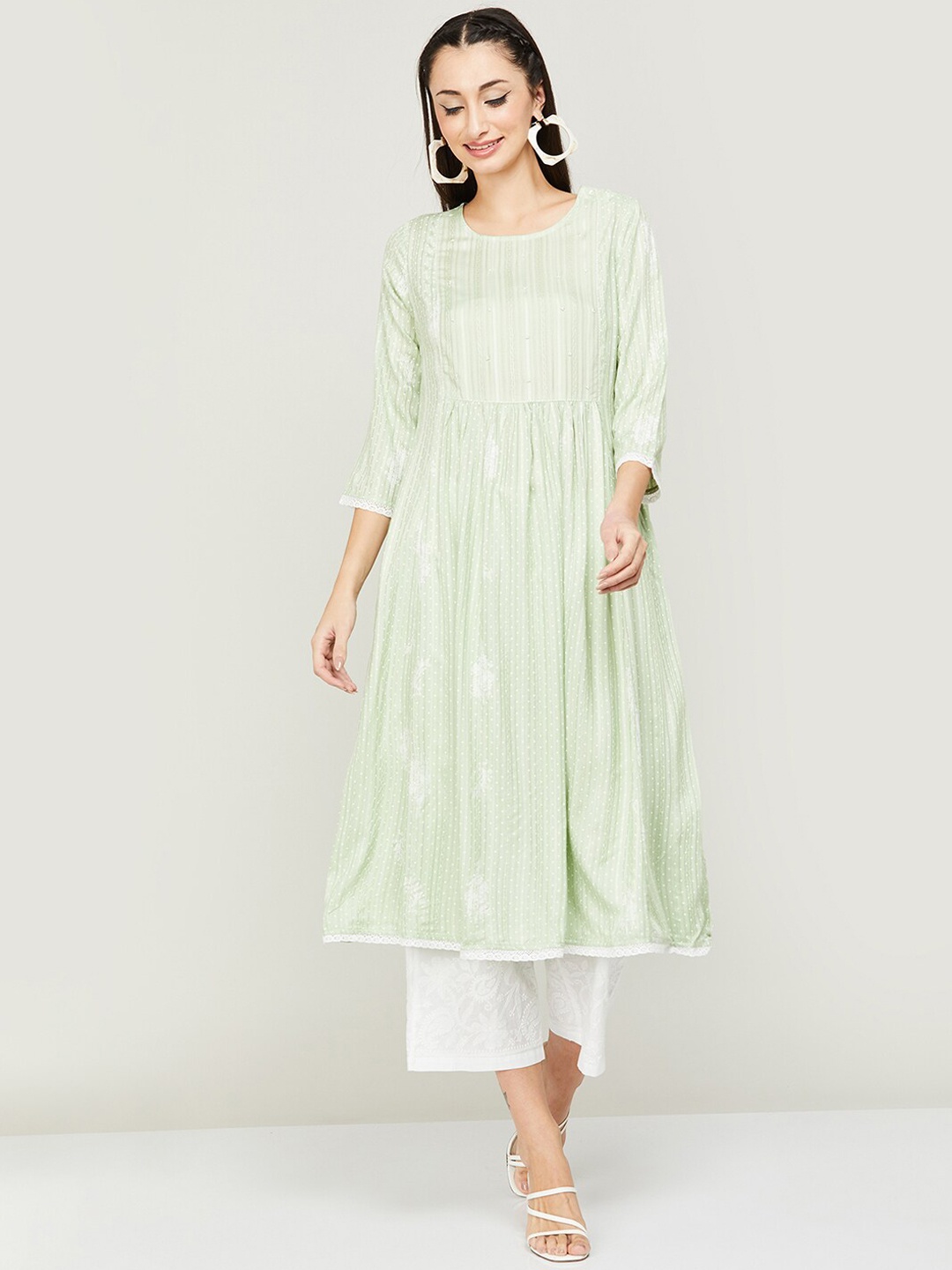 

Melange by Lifestyle Striped Beads and Stones Detail A-Line Kurta, Green