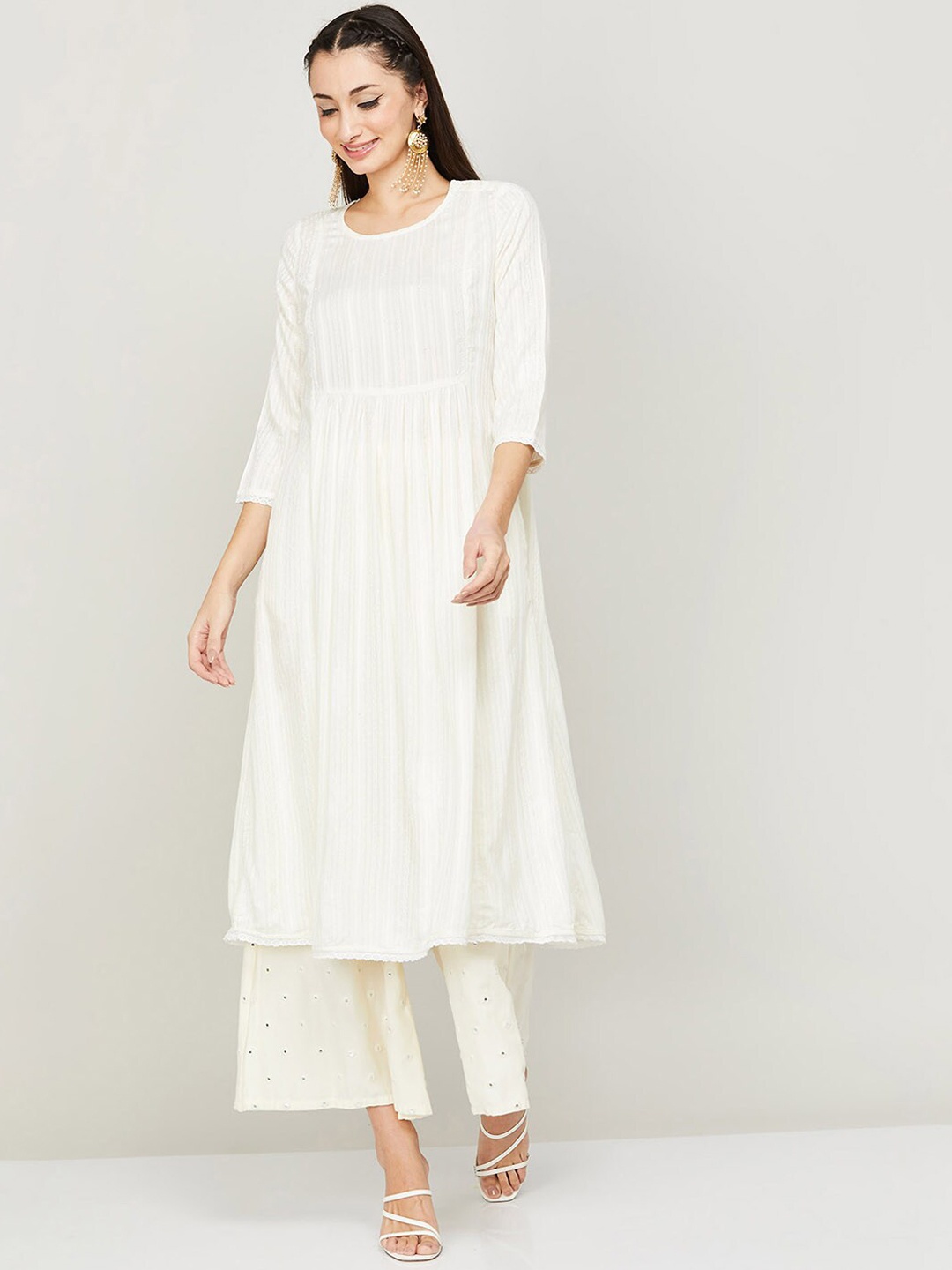 

Melange by Lifestyle Striped Beads and Stones Detail Anarkali Kurta, Off white