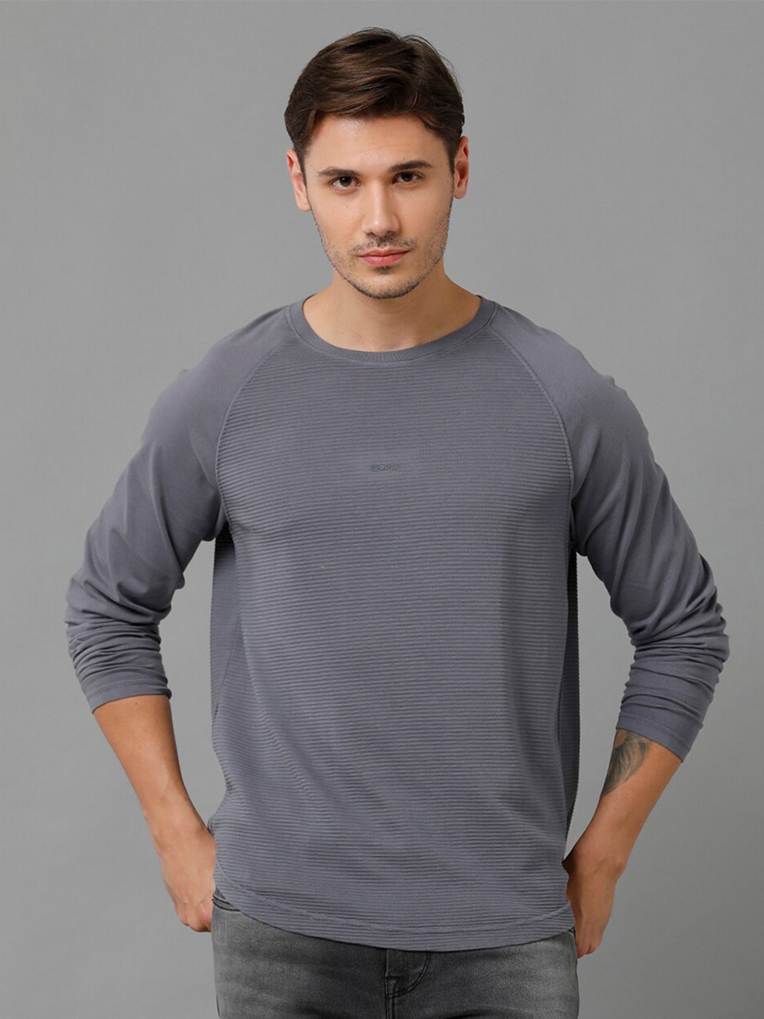 

Voi Jeans Striped Round Neck Cotton T-shirt, Grey