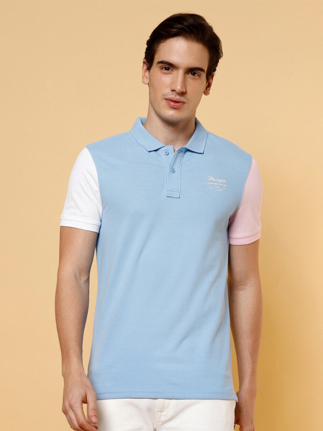 

Wrangler Colourblocked Polo Collar Cotton T-shirt, Blue