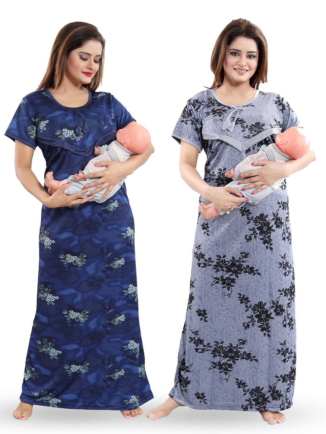 

SHOPPING STATION Pack Of 2 Floral Printed Satin Maxi Nightdress, Blue